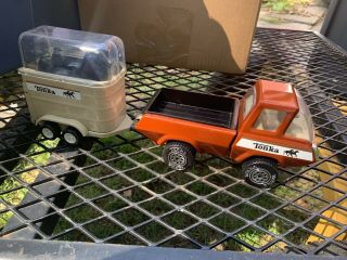 Vintage Tonka Stables Pickup Truck And Horse Trailer With Two Horses Near
