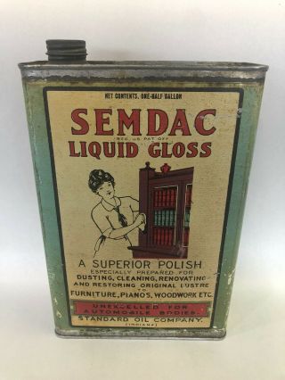1920s - 30s Standard Oil Co Semdac Liquid Gloss Polish Tin Can Sign Gas Indiana