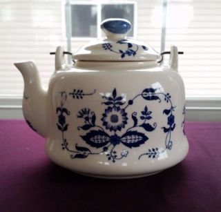 Japanese Tea Pot Blue And White Porcelain With Wire Handle