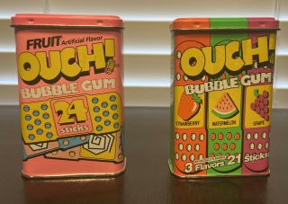 2 Vintage Ouch Bubble Gum Neon Candy Tins Containers Vintage Bandage Style