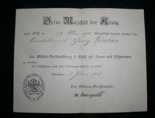 Bayern Military World War I;merit/braver 3rd Class Crown W/crosses Document,  1918