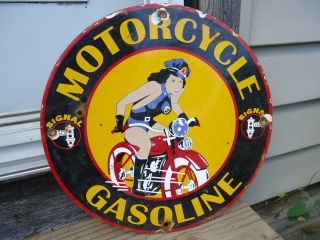 Old Vintage Dated 1948 Signal Motorcycle Gasoline Porcelain Gas Pump Sign
