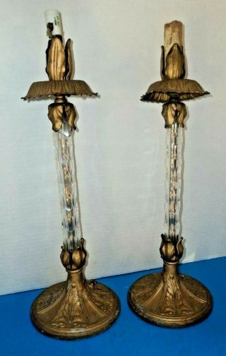 16.  5 " Antique Vintage Pair Metal & Glass Candlestick Lamps Tlc Parts