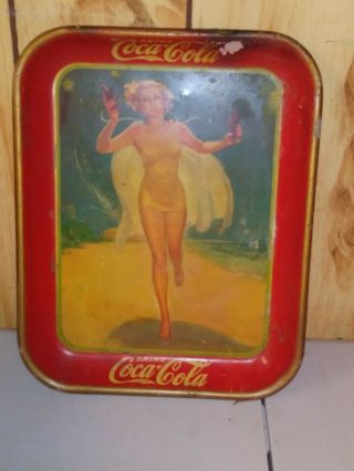 1937 Coca - Cola Tin Lithograph Advertising Serving Tray Running Girl Coke Tray