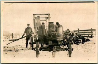 Vintage 1910s Farm Scene Rppc Photo Postcard Gas Engine Saw Mill Logs Winter