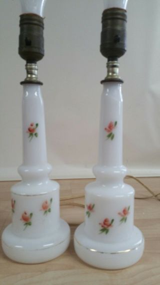 Rose Bud Lamps Pair Vintage White Milk Glass