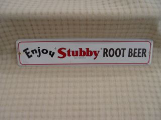 Old Enjoy Stubby Root Beer Convex Metal Advertising Soda Drink Strip Sign