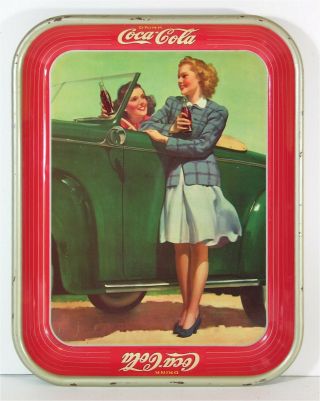1942 Coca - Cola Tin Lithograph Advertising Serving Tray Two Girls & Car Coke Tray