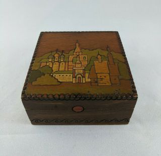 Vintage Russian Hand Carved & Painted Wood Trinket Box Image Church Dome Steeple