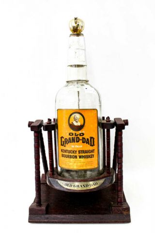 Vintage Old Grand - Dad 18 " Whiskey Bottle W/ Wood Rocking Stand Maryland Stamps