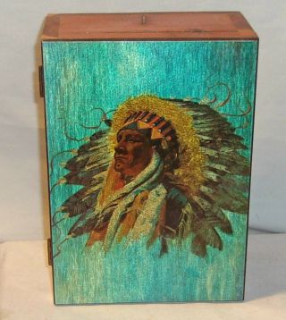 Inidan Chief With Large Head Dress Cedar Wood Trinket Box From Tulsa Oklahoma