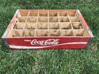 Vtg Red Wooden Wood Coca - Cola Coke Soda Crate 24 Pack Glass Bottles 1975