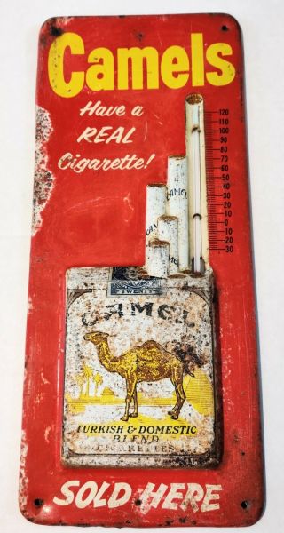 Vintage 1950s Metal Camels " Have A Real Cigarette " Thermometer Sign 13 5/8 "