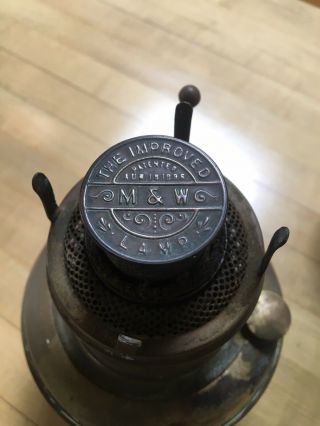Victorian Brass Oil Lamp Font with Round Wick Matthews & Willard Burner 1898 Pat 3