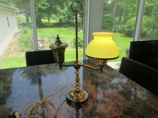 Vintage Brass Single Arm Student Oil Lamp Electric Green Glass Shade
