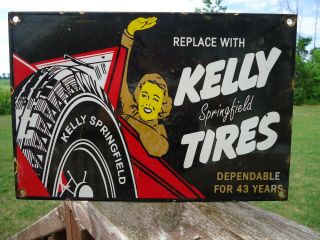Old Vintage 1950s Kelly Springfield Tires Porcelain Metal Sign Dependable
