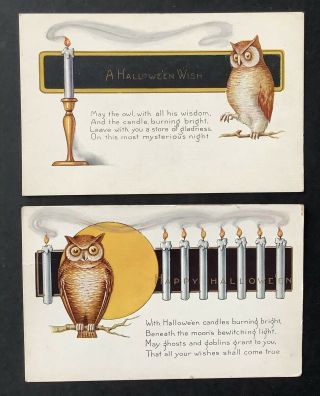 Vintage Whitney Halloween Postcards (2) Owls,  Candles With Wispy Smoke