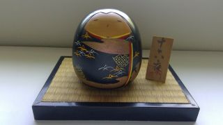 Vintage Japanese Kokeshi Wooden Girl Doll,  Hand - Painted,  Round,  W/ Stand & Sign