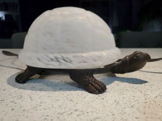 White Tortoise Shell Glass Turtle Lamp Cast Iron Base Night Light