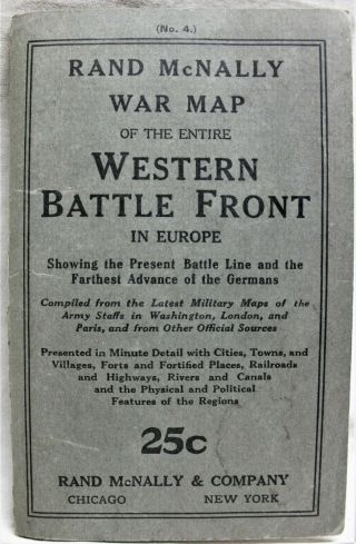 Rand Mcnally War Map Western Battle Front Europe 1914 Wwi Vintage Military