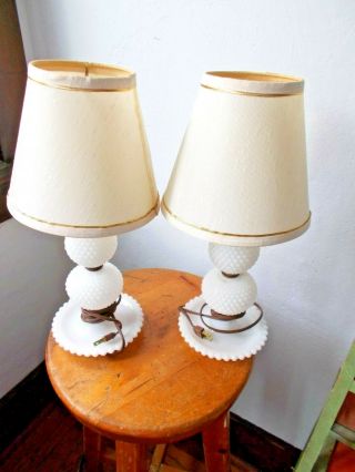 2 - Vintage Pair White Milk Glass Hobnail Dresser Vanity Table Lamps 15 - 1/2 " Tall