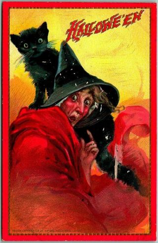 Vintage Halloween Embossed Postcard Old Red Witch / Black Cat Tuck 