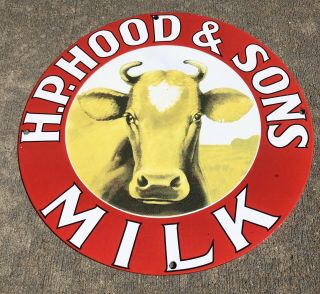 Vtg H.  P.  Hood & Sons Milk Porcelain Enamel Advertising Sign 12 " Round Dairy Cow
