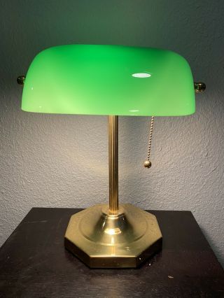 Vintage Polished Brass Bankers Table Desk Lamp Green Duck Bill Glass Shade
