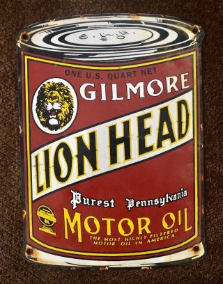 Old Gilmore Lion Head Motor Oil Can Porcelain Dealer Advertising 12 " X 8 "