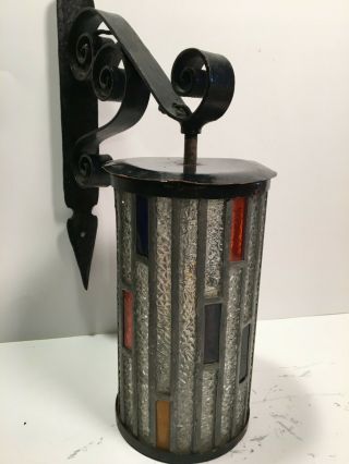 Mid Century Modern Leaded Glass & Wrought Iron Sconce