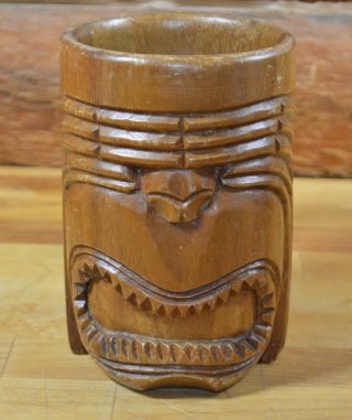 Vintage Wooden Tiki Mask Mug Large Carved Wood Cup With Handle 6 "