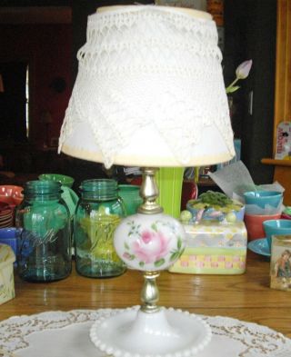 Vintage Gay Fad White Milk Glass 9 " Lamp W/ Hand Painted Pink Roses Flowers