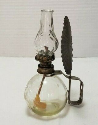Antique Crystal Etched Glass Oil Lamp With Metal Reflector 7.  5 "
