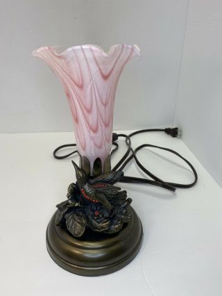 Hummingbird Brass Accent Table Lamp Pink White Striped Glass Tulip Shade 9.  5 "