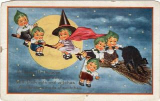 Halloween Postcard,  Published By Whitney,  Green Haired Children,  Flying On Broom