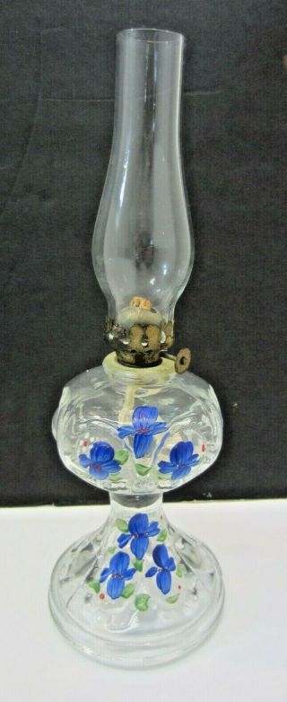 Vintage Oil Lamp Clear Glass Pedestal Hand Painted 10 1/2 " Tall