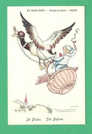 Vintage French Advertising H.  Avelot Fantasy Art Postcard " The Biplane " Boy Bird