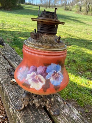 Antique Painted Glass Gwtw F.  O.  Co.  312 Oil Lamp Gone With The Wind Vintage