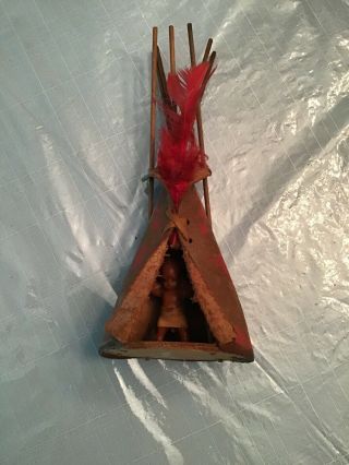 Vintage Native American Indian Teepee And Doll,  Hand Made Leather,  9 "