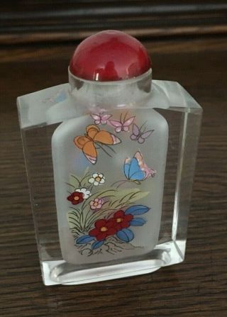 Oriental Asian Snuff Bottle Reverse Hand Painted Flowers & Butterflies