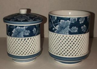 Set Of 2 Chinese Japanese Blue & White Porcelain Tea Jars Porcelain Lattice Work