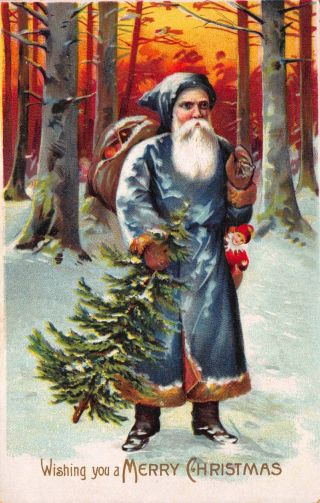 Christmas Postcard Blue Suited Santa Claus Walking Thru The Snowy Forest 118242