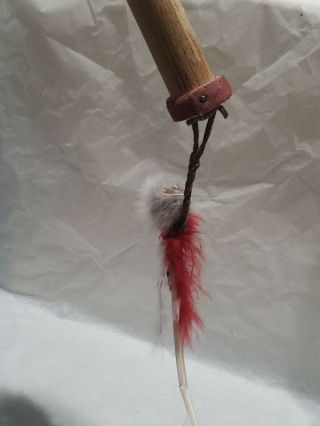 HAND MADE INDIAN NATIVE AMERICAN DANCING DRUM STICK WOOD FUR FEATHERS LEATHER 2