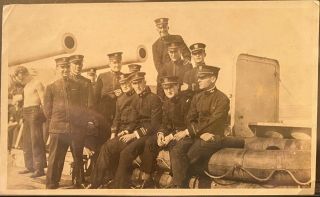 Snapshot Photograph Ww I Us Navy Officers On Deck Of Battleship Next To Guns