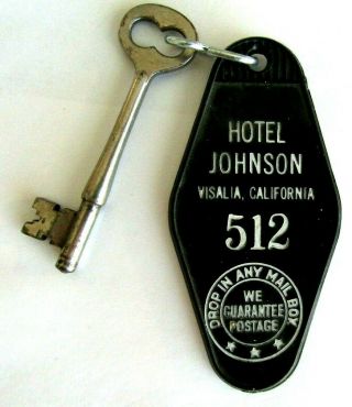 Rare Hotel Johnson Visalia Calif.  Room Key & Tag Skeleton Key & Harolds Club Ad
