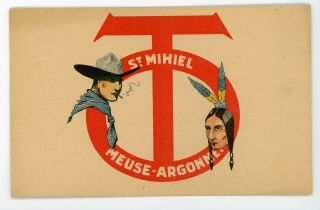 Okla Texas Div Insignia Postcard 1918 Wwi St Mihiel Meuse Argonne Cowboy Indian