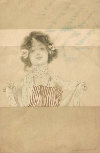 Artist Signed - Raphael Kirchner Lady With Flower In Hair - 04.  82