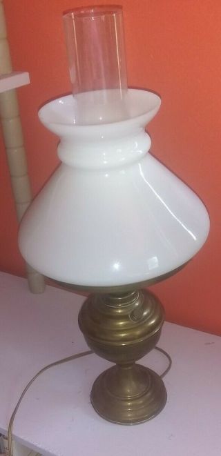 Vintage Mid Century Brass Finish Hurricane Lamp With Cream Milk Glass Shade 19 "