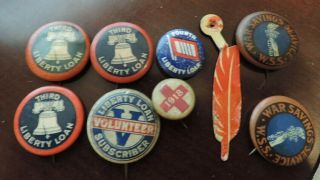 1918 World War I Third Liberty Loan Pin & Our Pride Flag Button W/ Paper Inserts