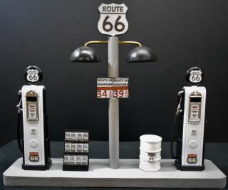 " Route 66 " Gas Pump Island Display W/gas Price Sign,  1:18th,  Hand Crafted,